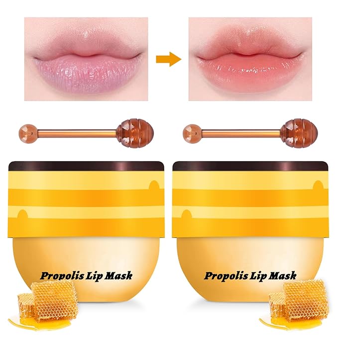 2PCS Lip Mask Overnight, Honey&Strawberry Moisturizing Repair Sleeping Lip Balm, Fade Lip Lines Bee Lip Balm, Hydrating &Prevention Dry and Crack Lip Scrubs Exfoliator (Honey & Honey)-VivaGrace Women