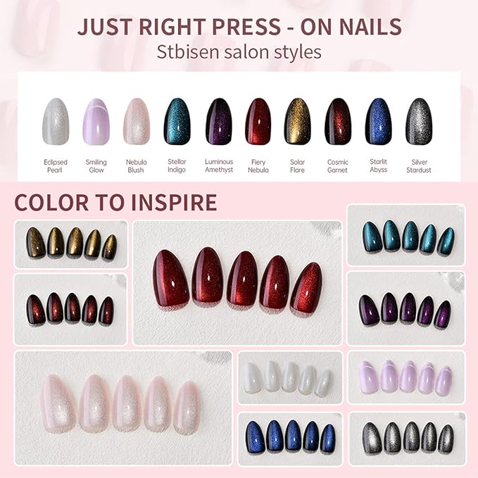 Cat Eye Press on Nails Short Almond, Nude Pink Press on Nails Almond, Fashion Gel Fake Nails, Reusable Acrylic Fake Nails, Glossy Stick on Nails for Women, Glue on Nails Kit, Nebula Blush