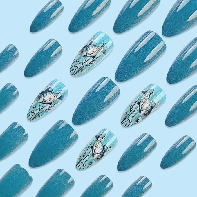 Blue Press on Nails Ocean Medium Almond Fake Nails with Design Fish Glue on Nails Glossy Summer Nails Press on,Reusable False Nails for Women Girls Manicure 24pcs