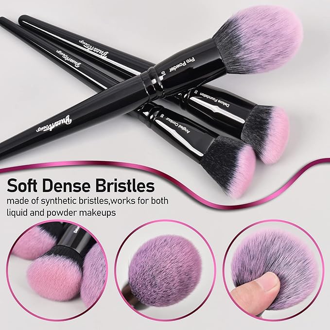 Bueart Design 18Pcs Pro Deluxe Fuchsia Pink Black Makeup Brushes set with Travel Make up Brush Holder case Foundation concealer contour Blush eyeshadow face make up brush set-VivaGrace Women