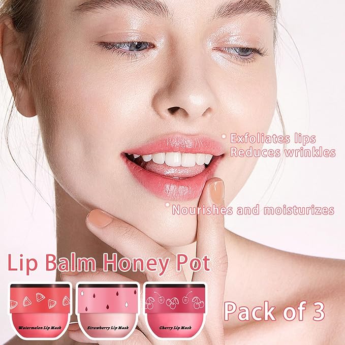 3 PCS Bee Lip Balm Honey Pot, Watermelon & Cherry & Strawberry Lip Mask Overnight Propolis Moisturizing Lip Balm Hydrating Prevention Dry and Crack Lip Scrubs Exfoliator Lip Wrinkle Care (Set C)-VivaGrace Women