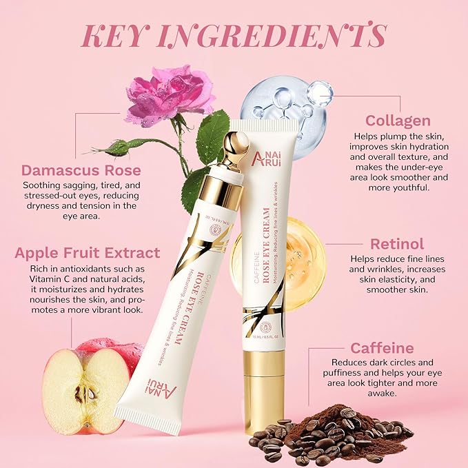 ANAI RUI Rose Caffeine Eye Cream for Dark Circles, Under Eye Serum for Puffiness Bags, Anti-Aging Eye Cream with Retinol, Collagen, Hydrating, Firming, Reduce Wrinkles and Fine Lines Daily 0.5 FL OZ-VivaGrace Women