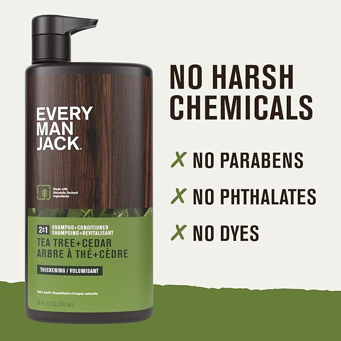 Every Man Jack 2-in-1 Tea Tree + Cedar Shampoo + Conditioner - Thicken, Cleanse, and Hydrate Hair with Coconut, Aloe, Tea Tree Oil - Naturally Derived and No Harmful Chemicals - 24oz -1 Bottle-VivaGrace Women