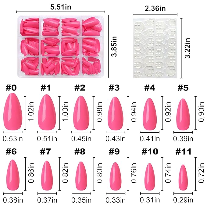LoveOurHome 240pc Almond Press on Nails Medium Fake Nail Tips Hot Pink Acrylic Nails Press ons Nail Almond Glue Nail Short Stiltto Artificial Fingernail & Glue Adhesive Tabs for Women Girls Kids