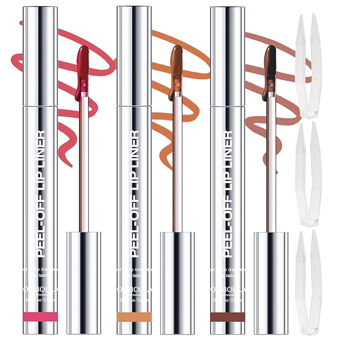 3 Colors Peel Off Lip Liner Stain with Tweezer, Long Lasting Waterproof Lip Tint Stains Makeup Set with Matte Finish for Women, Natural Look, Easy to Use, for All Skin Types (#015, M)-VivaGrace Women
