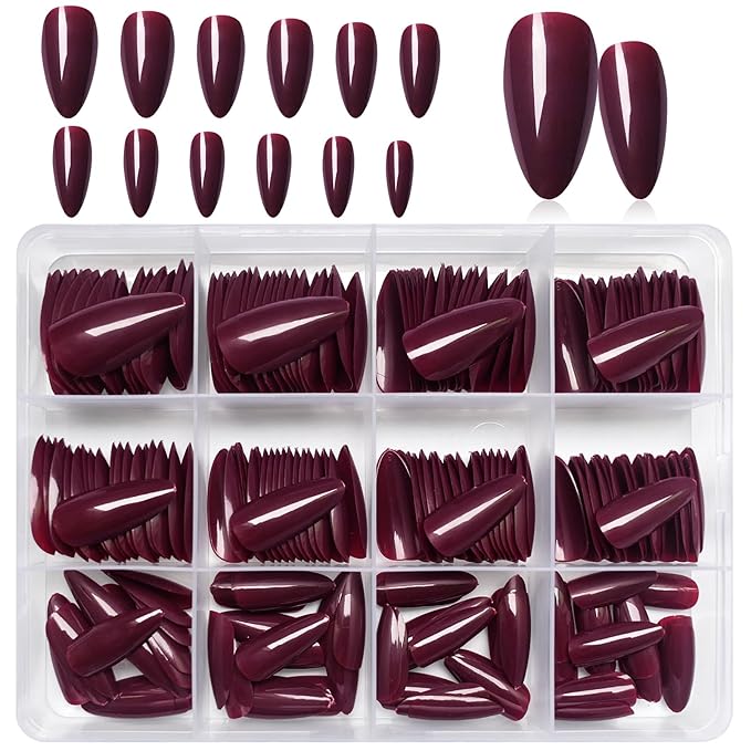 LoveOurHome 240pc Christmas Almond Press on Nails Medium Fake Nail Tips Acrylic Nails Press ons Nail Almond Burgundy Red Short Stiletto Artificial Fingernail & Glue Adhesive Tabs for Women Girls Kid