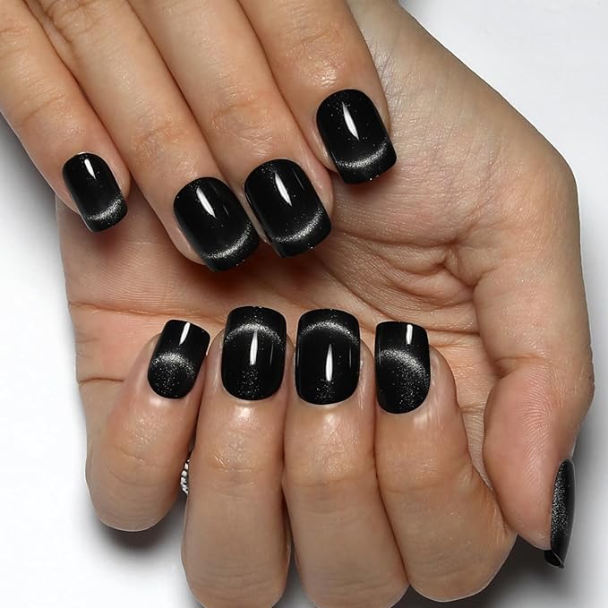 Gunmetal Silver Press On Nails Short Square,Cat Eye Fake Nails,Defined Smile Line Design with a Radiant Gloss Effect, Glossy Gel Finish Short Press On Nails, Thick Reusable Glue On Nails for Women