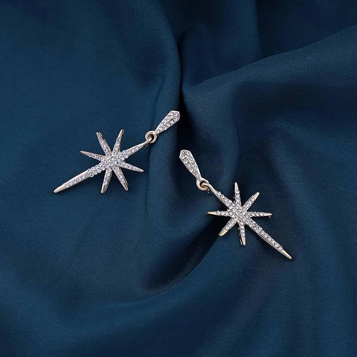 Vintage Crystal Northstar Dangle Earrings Rhinestone Northstar Studs Earrings Gold Cz Star Drop Earrings Sparkly Cz Starburst Earrings Jewelry for Women-VivaGrace Women