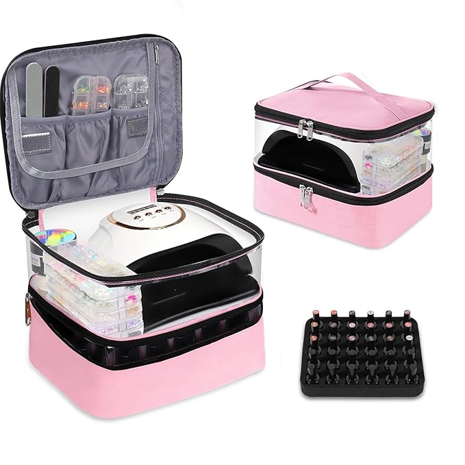 Clear Nail Polish Organizer Double layer Nail Polish Holds 30 Bottles and Nail Lamp, Nail Dryer Case Storage Supplies with Adjustable Dividers, Portable Nail Carrying Bag for Nail Tech (Pink)
