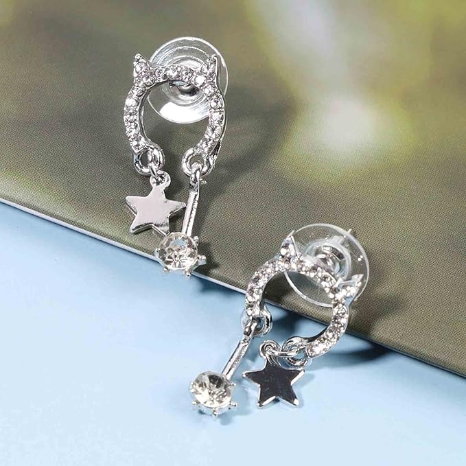 Crystal Cat Studs Earrings Silver Crystal Star Dangle Earrings Boho Rhinestone Drop Earrings Natural Inspired Animal Earrings Jewelry for Women and Girls Cat Lover Gifts-VivaGrace Women