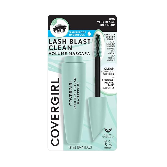 CoverGirl Lash Blast Clean Volume Waterproof Mascara, Vegan Formula, Volumizing, Smudge-Proof, Cruelty Free, Very Black, 1 Count