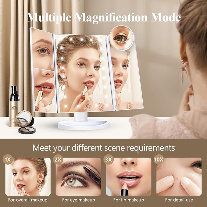 HUONUL Makeup Mirror Vanity Mirror with Lights, 2X, 3X, 10X Magnification, Touch Control, Trifold, White, 9.4" L x 13.4" W, Modern Style, Dresser Mount, Bathroom-VivaGrace Women