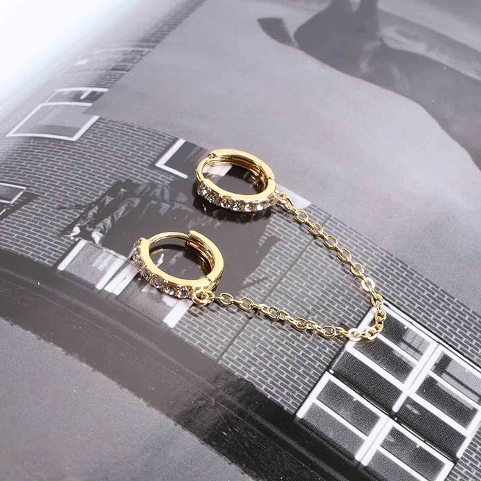 Boho Double Chain Hoop Earrings Gold Cz Hoop Chain Earrings Punk Dangle Chain Earrings Rhinestone Huggies Studs Earrings Jewelry for Women and Girls Gifts-VivaGrace Women