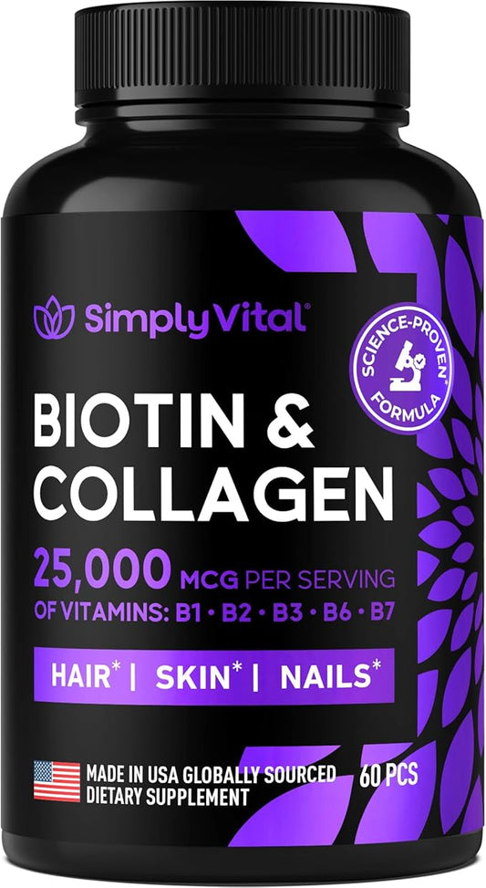 Biotin and Collagen Supplements with Keratin 25000 mcg - Hair Skin & Nails Vitamins with Collagen Keratin B Complex - Made in USA - Biotin for Hair Growth Women & Men Support Skin & Nails, 60 Capsules-VivaGrace Women