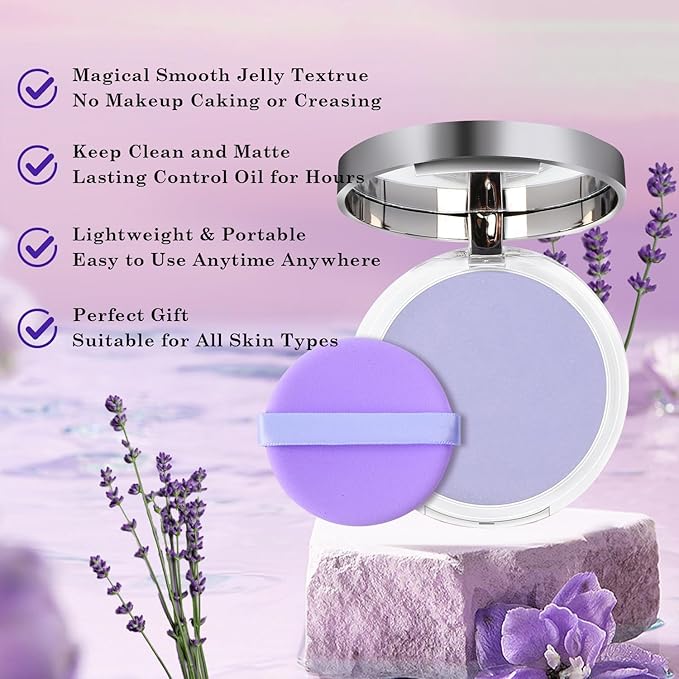 Chillab Lavender Matte Powder, Oil Control Face Pressed Chillab Lavender Matte Powder with Mini Powder Puff, Jelly Pressed Setting Powder Face Makeup, Cruelty Free-VivaGrace Women