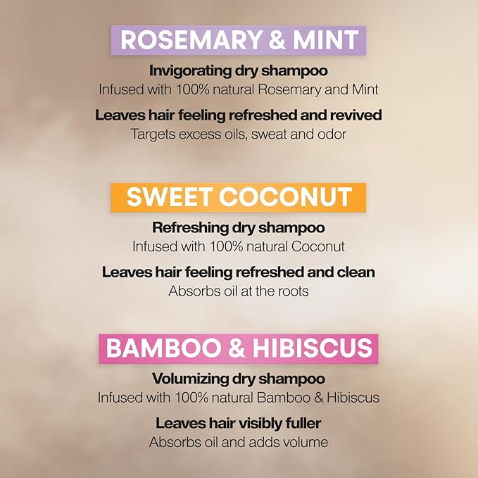 Suave+ Dry Shampoo Spray Variety 3-Pack – Invigorating Rosemary & Mint, Volumizing Bamboo & Hibiscus + Refreshing Sweet Coconut, 4.3 Oz Ea-VivaGrace Women
