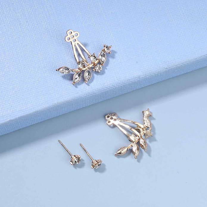 Boho Crystal Leaf Ear Jackets Earrings Gold Cz Crystal Earrings Rhinestone Front Back Studs Earrings Minimalist Earrings Jewelry for Women and Girls Gifts-VivaGrace Women