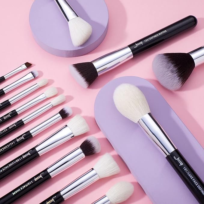 Jessup 25pcs Professional Makeup Brush Set Foundation Powder Concealer Eyeshadow Blending Blush Highlighter Natural-Synthetic Hair Brushes (Black/Silver)-VivaGrace Women