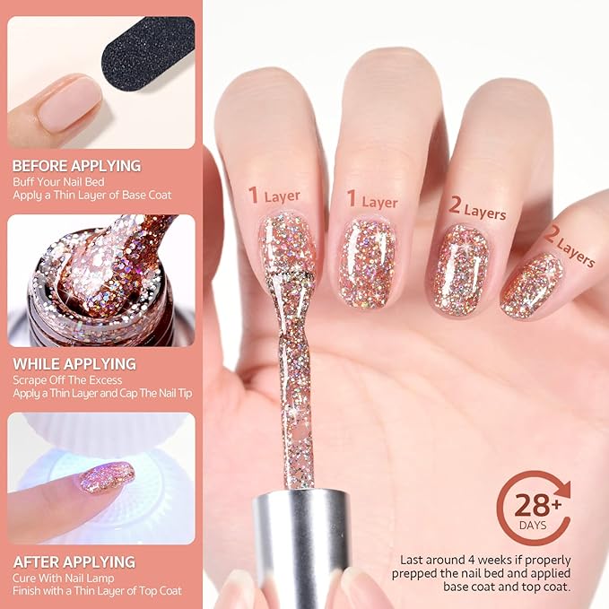 GAOY Glitter Gel Nail Polish, 16ml Pink Champagne Sparkly Gel Polish, Diamond Shiny Glitter Soak Off UV Gel for Nail Art, 1124 Pink Champagne