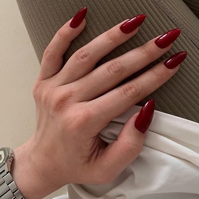 Medium Press on Nails Almond Fake Nails with Designs Burgundy Red Glue on Nails Glossy Stick on Nails for Women and Girls