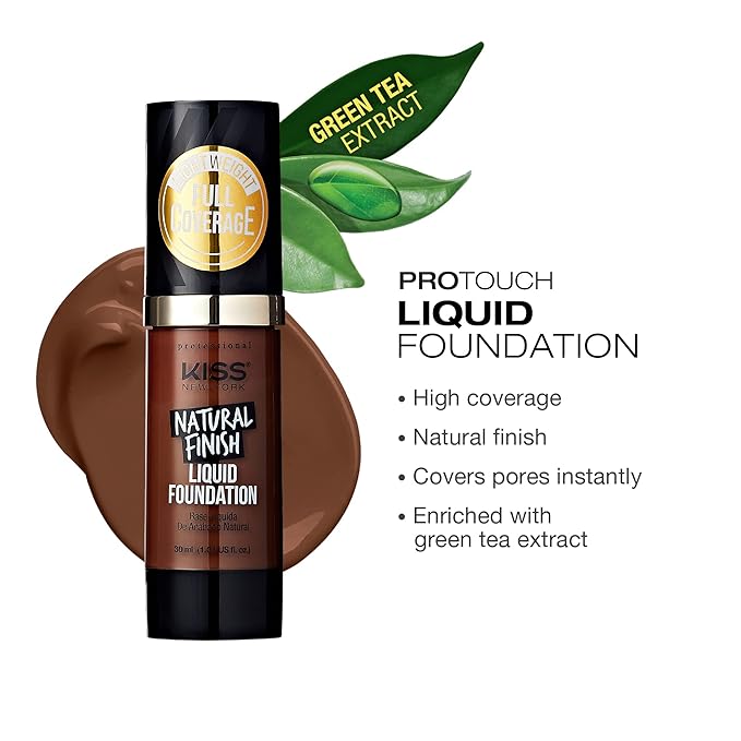 Kiss New York Professional Liquid Foundation - Lightweight and Hydrating Formula, Natural Finish, Control Shine, Cover Pores, Medium to Full Coverage, Green Tea Extract (Cognac)-VivaGrace Women