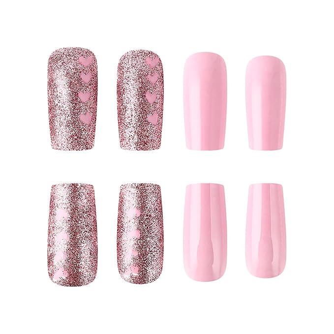 Valentine Press on Nails Medium Square Fake Nails Pink False Nails with Heart Designs Glitter Full Cover Glue on Nails Sparkly Artificial Nails Cute Stick on Nails for Women 24Pcs