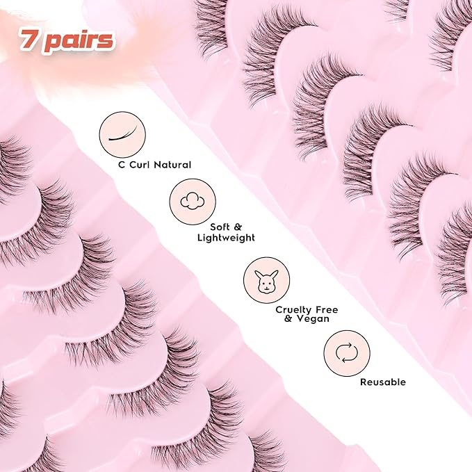 Lashes Natural Look False Eyelashes Wispy 13mm Eye Lashes Pack with Thin Cotton Band C Curl Fake Eyelashes 3D Volume For Daily Siligli Lash 7 Pair-VivaGrace Women