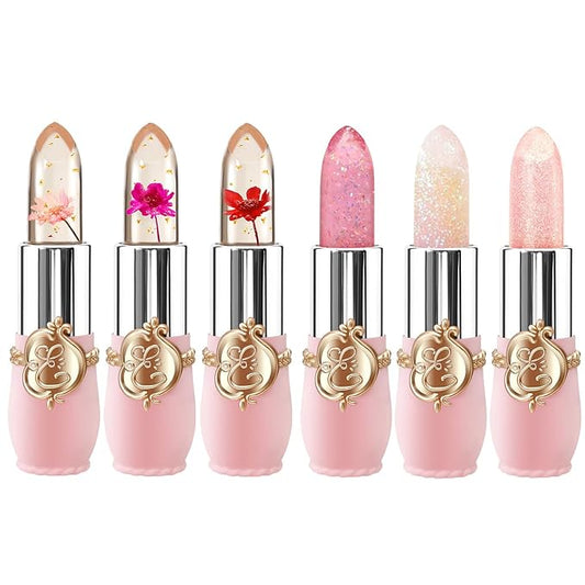 6 Pcs/Set Flower Jelly Lipstick Set Temperature Change Moisturizer Long Lasting Nutritious Shimmer Lip Balm Magic Color Change Lip Gloss (Color Changing Lipstick Set B)-VivaGrace Women