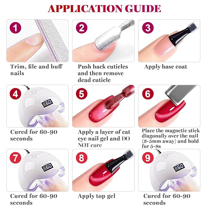 RARJSM Red Cat Eye Gel Nail Polish Set 6 Pcs Smoothie Ceramic Silver White Glitter Shimmer Burgundy Cherry Dark Wine Red Velvet Diamond Cateye Gel Polish with Magnetic Stick Soak off Curing Require-VivaGrace Women