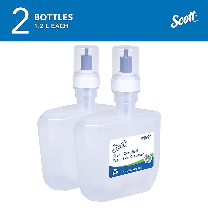 Scott Professional Green Certified Foam Hand Soap (91591), 1.2 L, Foaming, Clear, No Fragrance Added, Ecologo, NSF E-1 Rated, Automatic Refills (2 Bottles)