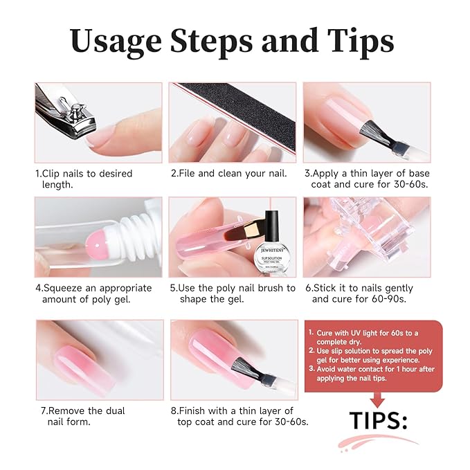 JEWHITENY Poly Nail Gel Set Clear Pink White Neutral Classic Color Poly Extension Gel With Base and Top Coat Slip Solution French Manicure for Home DIY Need U V Lamp Curing-VivaGrace Women
