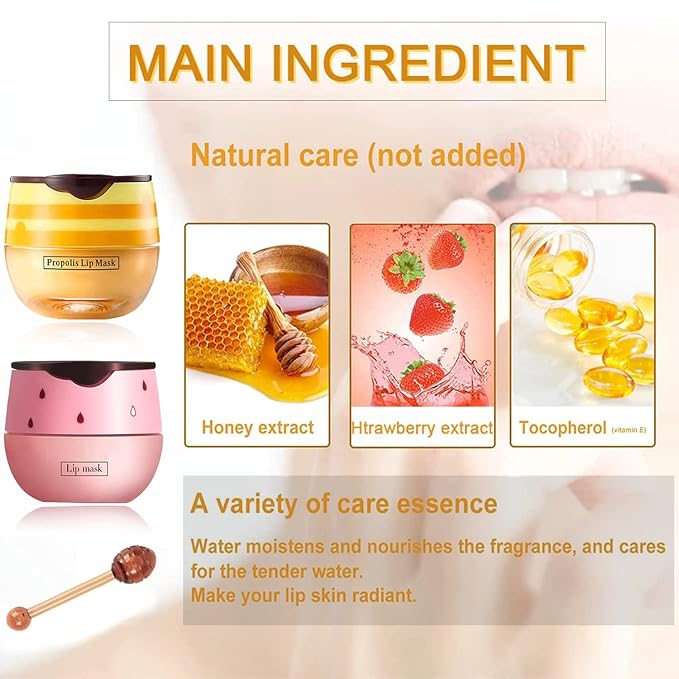 Bee Lip Balm Honey Pot, 2 PCS Strawberry & Honey Lip Masks Hydrating Prevention Dry and Cracked Lip Scrubs Exfoliator,Lip Sleep Mask Reduces Lip Lines,Lip Exfoliating BeeLip Balm Sleeping Lip Mask-VivaGrace Women