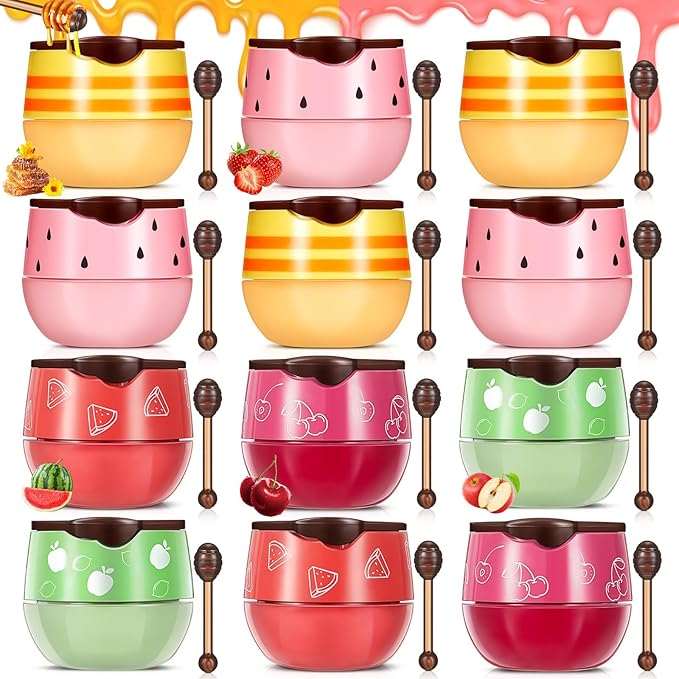 12 Pcs Bee Lip Balm Honey Pot with Brush Propolis Lip Mask Overnight, Moisturizing Hydrating Lip Sleeping Mask Prevention Dry and Cracked(Honey+Strawberry+Watermelon+Apple Lime+Cherry)-VivaGrace Women