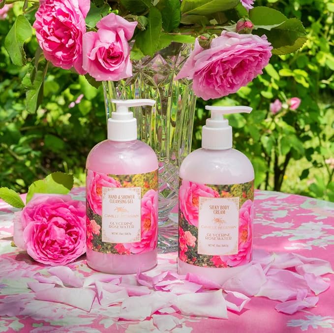 Camille Beckman Essentials Gift Basket, Glycerine Rosewater, Glycerine Hand Therapy 6 oz, Silky Body Cream 13 oz, Hand and Shower Cleansing Gel 13 oz, Glycerine Soap 3.5 oz-VivaGrace Women