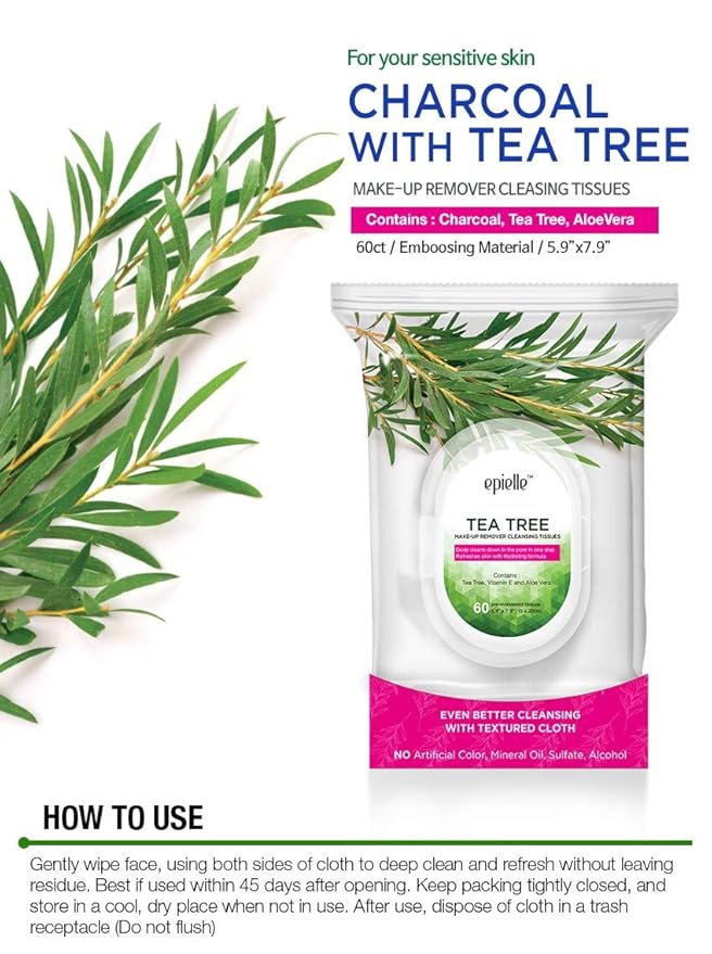 Epielle Tea Tree Facial Wipes, 60 ct, Pack of 2, Refreshing & Soothing, Perfect for Spa Days, Beauty Gifts, Korean Skincare Gift Set