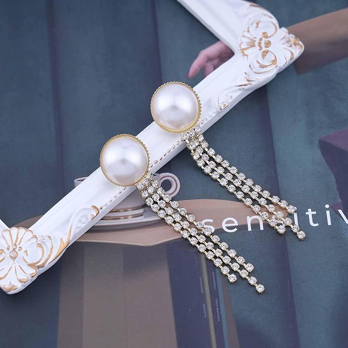 Vintage Crystal Pearl Drop Earrings Cz Bridal Crystal Earrings Long Rhinestone Tassel Earrings Gold Pearl Stud Earrings Jewelry for Women-VivaGrace Women