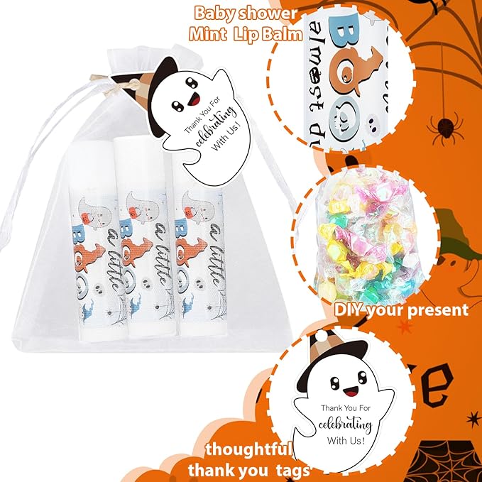 Demissle 50 Pcs Baby Shower Lip Balm Gift Set with 100 Pcs Organza Bags Baby Shower Party Favor for Guest Thank You Tag Rope Baby Shower Party Decoration Gender Reveal Souvenirs (Ghost)-VivaGrace Women