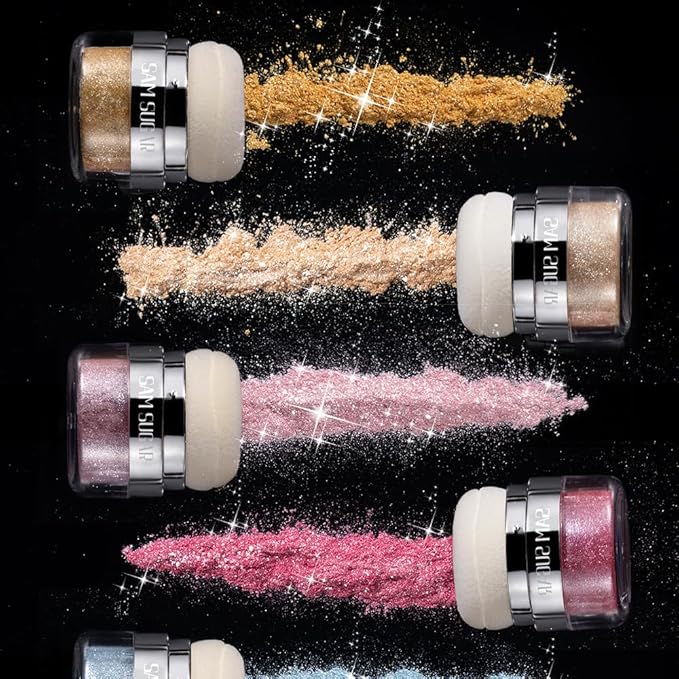 Glitter Body Highlighter Powder Body Shimmer Sparkle Face Brightening Highlighter Powder for Face Eyes Body Glow Makeup With sponge head(01#)-VivaGrace Women