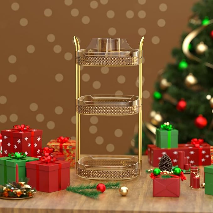 Awenia Rotating Makeup Organizer 360, Stackable Adjustable Large Capacity Cosmetic Storage Unit,Dresser Bathroom Kitchen Countertop Organizer with Metal Handle, Plus Size (Honorable Gold, 3 Tier)-VivaGrace Women