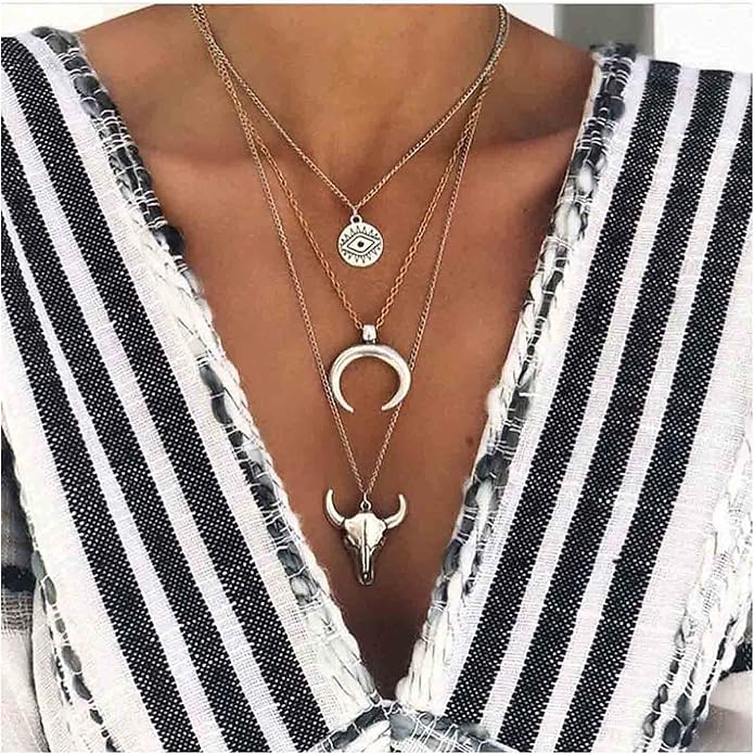Boho Layered Moon Necklace Silver Compass Disc Pendant Necklace Chain Cow Evil Eye Charm Necklace Jewelry for Women-VivaGrace Women