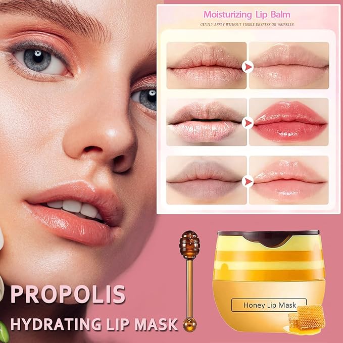 4 PCS Bee Lip Balm Honey Pot,Strawberry&Watermelon&Honey&Apple Lime Lip Mask Overnight Hydrating Prevention Dry and Cracked Lip Scrubs Exfoliator Lip Care, Lip Sleeping Mask Reduces Lip Lines-VivaGrace Women