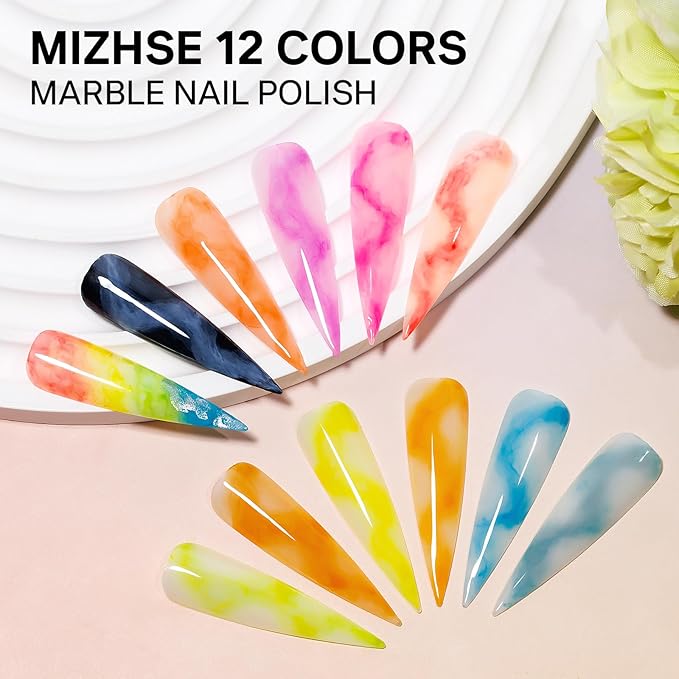 MIZHSE Marble Ink for Nails, 12Pcs Macarons Colors Marble Nail Polish Set Suumer Nail Ink Blooming Gel Watercolor Nail Polish for Nail Art Design Manicure at Home
