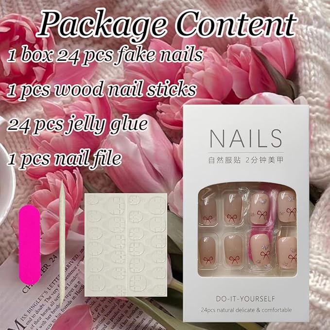 24pcs Pink Press-on Nails: Short Square Glitter Heart Stars Design, French Tip, Reusable Acrylic Nails for Women
