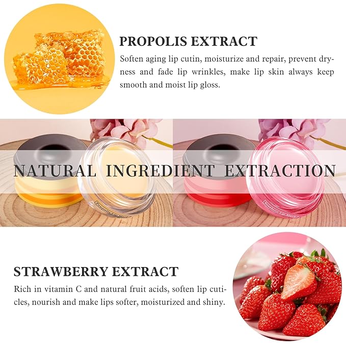 4 PCS Bee Honey Lip Balm Honey Pot, Strawberry & Bee Honey Lip Mask, Reduces Lip Lines, Hydrate & Moisturizing Lip Skin Care, Prevention Dry Cracked Lips, Bee Honey Lip Balm for Lip Repair Treatment-VivaGrace Women
