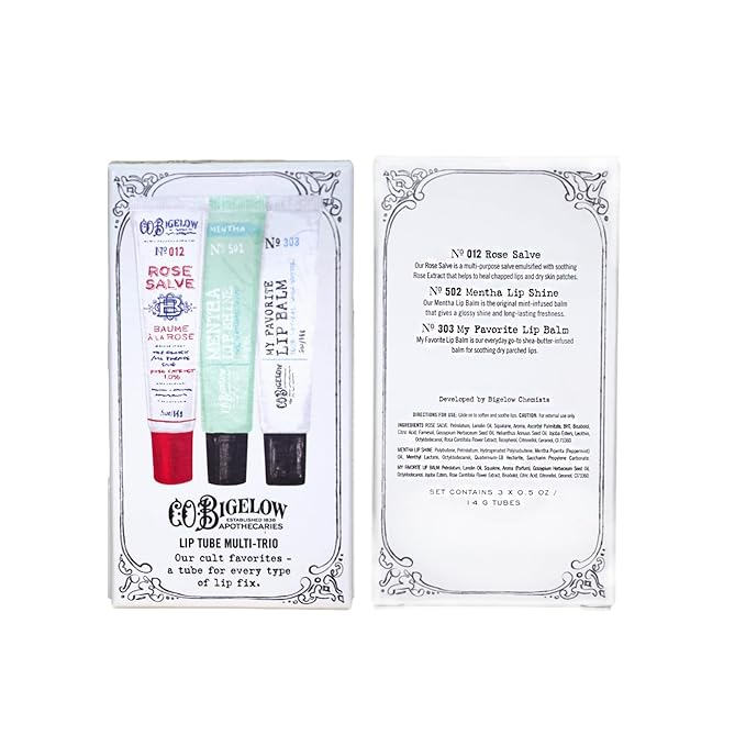 C.O. Bigelow Lip Balm Tube Trio, Variety Pack includes Rose Salve, My Favorite Lip Balm, Mentha Lip Shine, Moisturizing Lip Balms, 3 Pack, 0.5 oz Each-VivaGrace Women