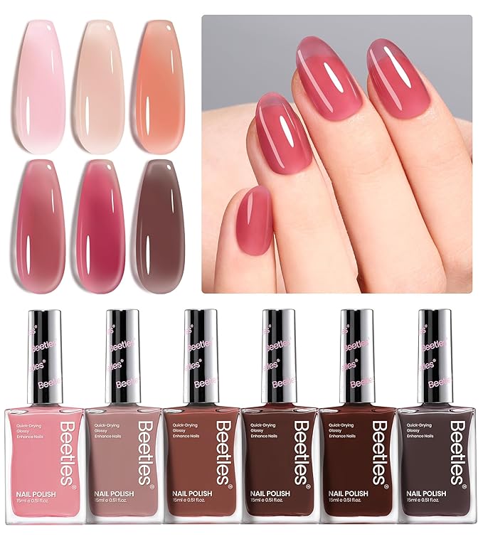 Beetles Jelly Nail Polish Set, 6 Colors Sheer Pink Nail Polish Long Lasting & Quick Dry Clear Jelly for Women, Pink Nail Strengthener Polish for Salon DIY Manicure Set