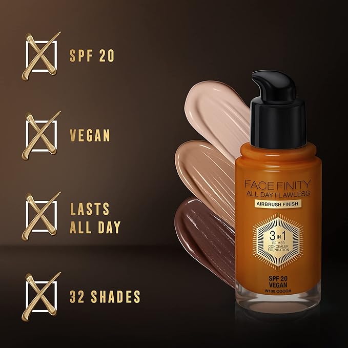 Max Factor Facefinity All Day Flawless 3 In 1 Foundation SPF 20, No. 100 Sun Tan-VivaGrace Women