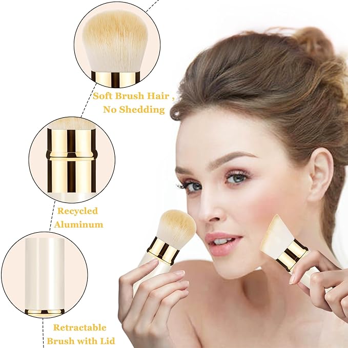 Makeup Brush, Retractable 2 Pack Travel Kabuki Powder Makeup Brush, Foundation Face Blush Brushes for Blending Liquid, Blush, Bronzer, Buffing, Sunscreen,Flawless Cosmetics-VivaGrace Women