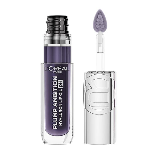 L'Oreal Paris Plump Ambition pH Hyaluron Lip Oil, Color Shifting Lip Tint with 24HR Hydration, Volumizing Shine and Lasting Color, 090 pH Berry Noir-VivaGrace Women
