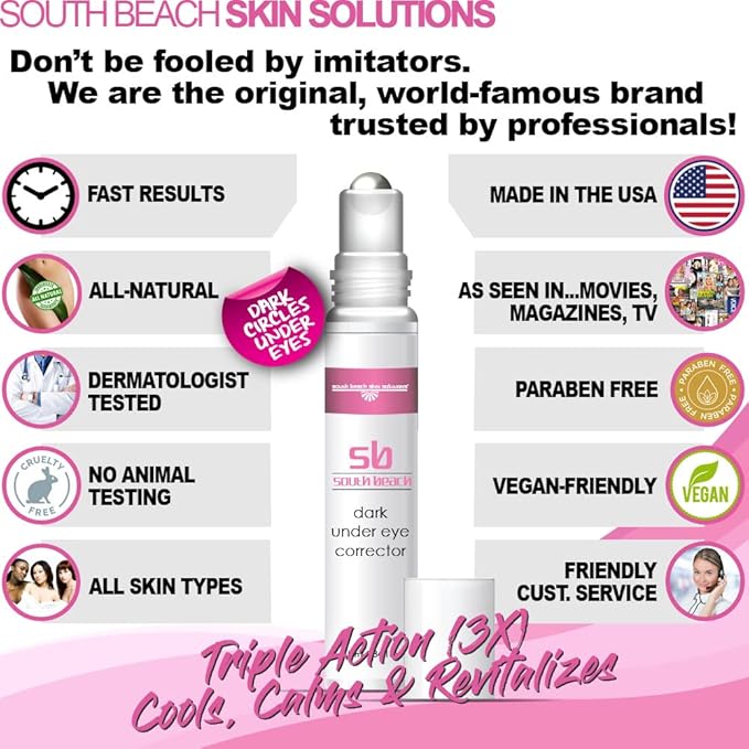 South Beach Dark Under Eye Corrector - Natural Salon Strength Anti Aging Under Eye Cream Treatment - Perfect for Tired Looking Dark Circles, Puffiness, Dark Bags, Dryness - Safe, No Harmful Chemicals-VivaGrace Women
